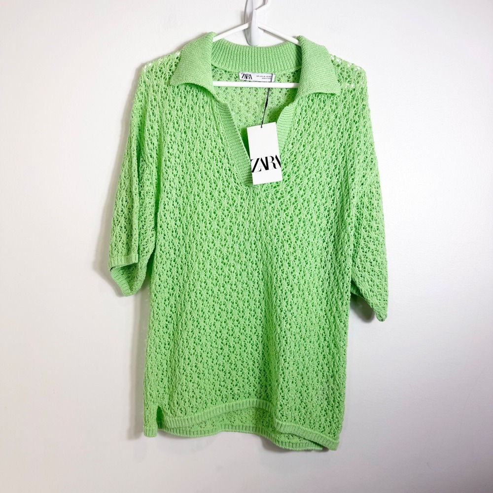 Zara Knit Pointelle Knit Oversized Polo Women L-XL Green Crochet Short Sleeve - Picture 1 of 5